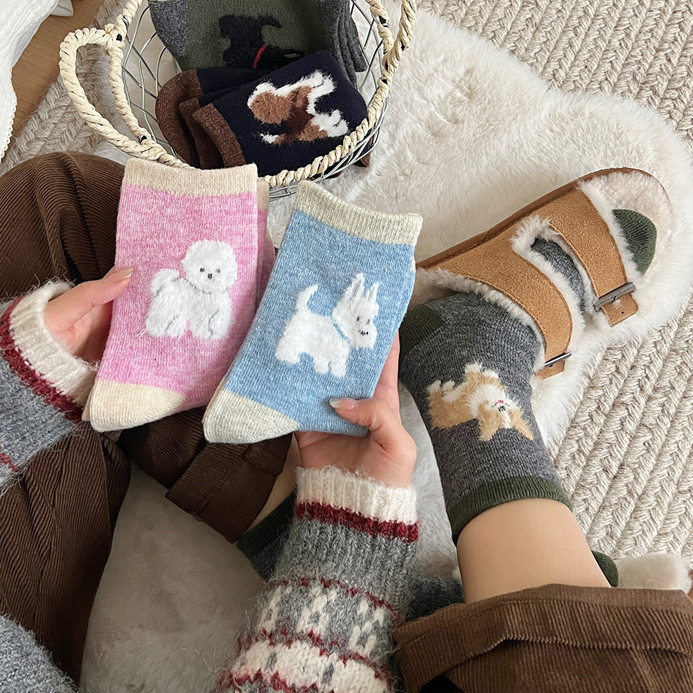 Thickened Contrast Color Mid-calf Puppy Flocking Boneless Wool Socks