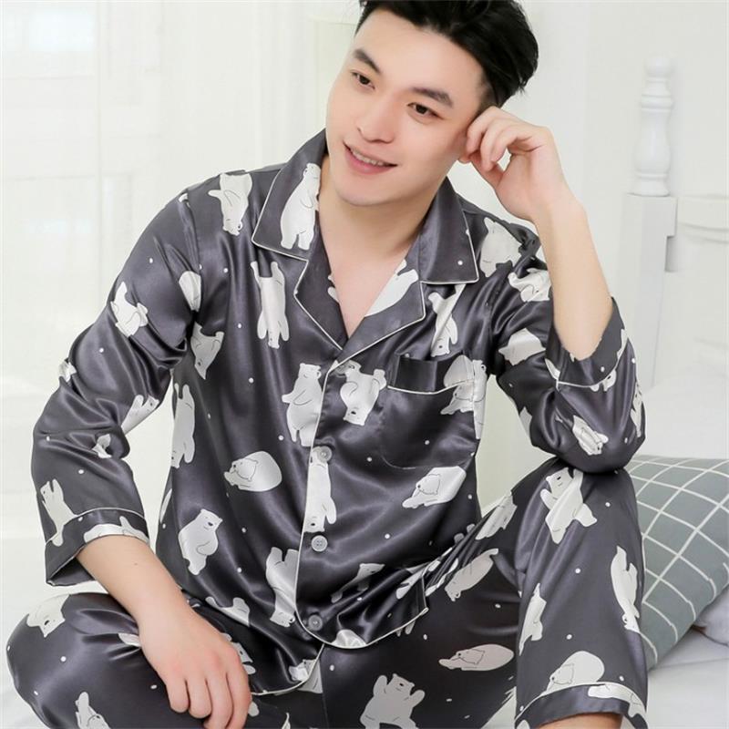 Men's Thin Silk Pajamas Long Sleeve Suit