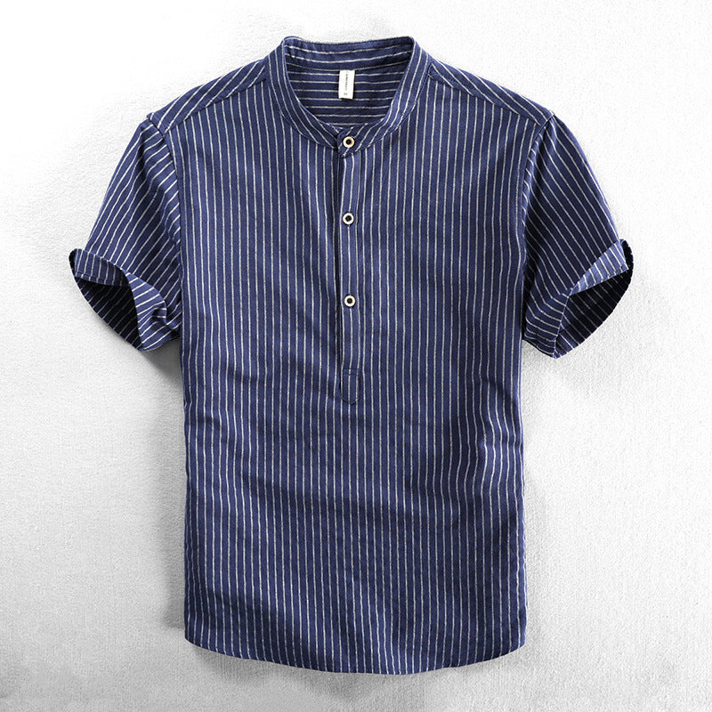 Men's Short Sleeve Striped Stand Collar Casual Loose Plus Size Shirt Thin Foreign Trade