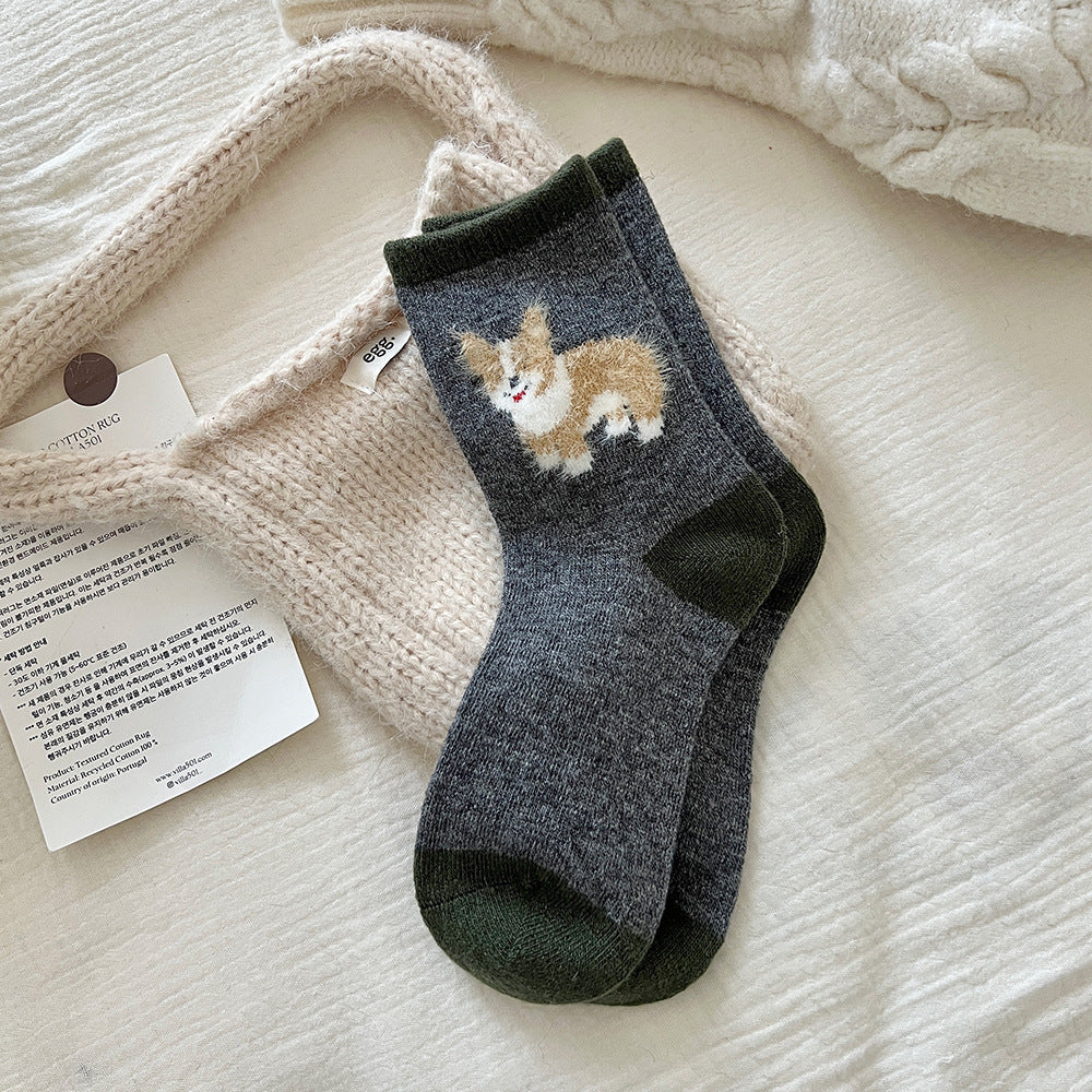 Thickened Contrast Color Mid-calf Puppy Flocking Boneless Wool Socks