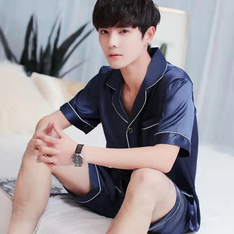 Men's Imitation Silk Short-sleeved Cardigan Shorts Suit