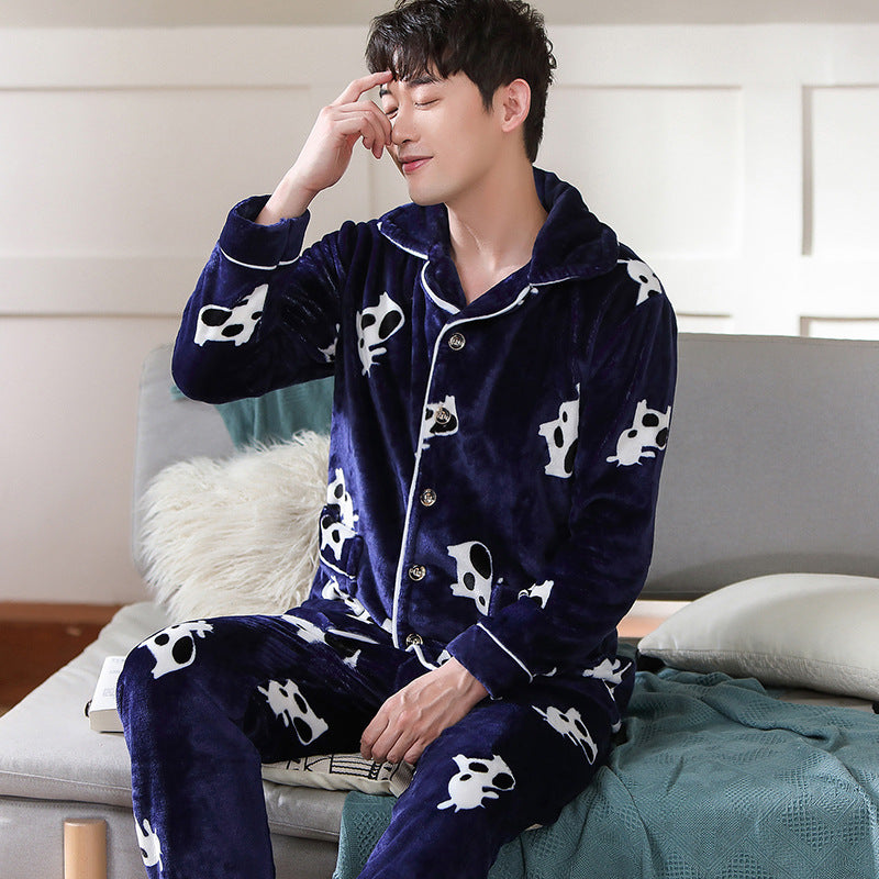 Men's Long Sleeve Cardigan Pajamas Outer Wear Coral Fleece Home Wear