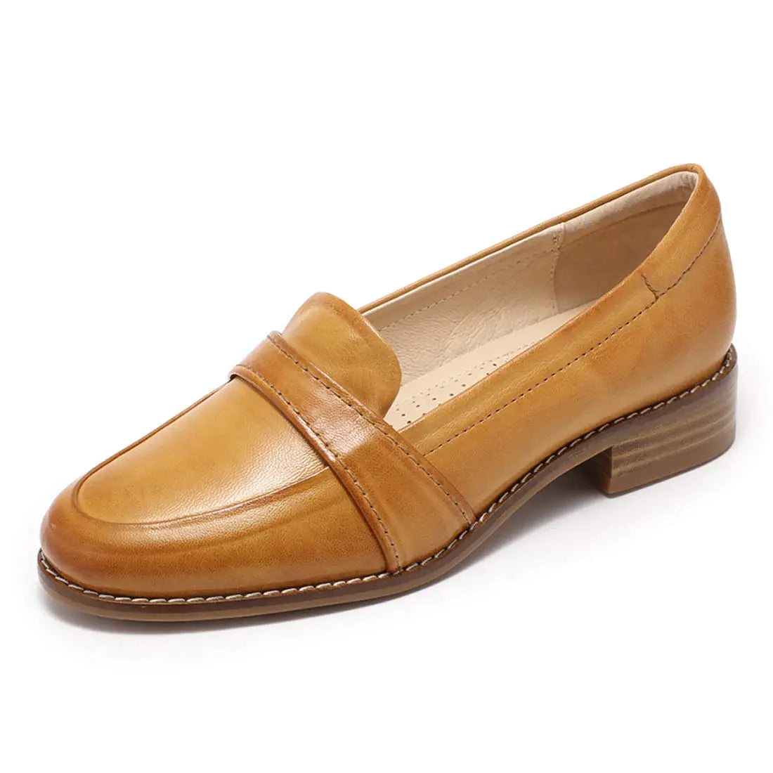 Mona flying Womens Leather Dress Penny Loafers Slip On Flats Office Ladies Casual Shoes Brown