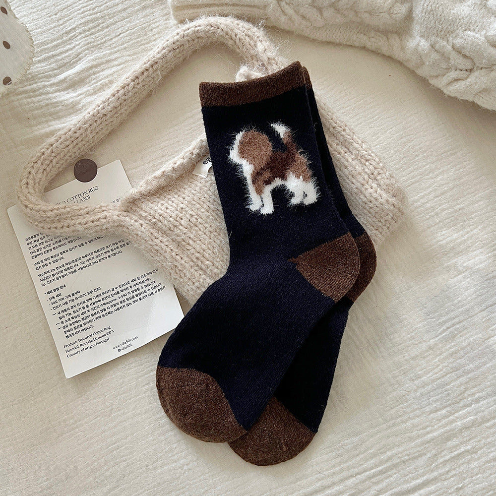 Thickened Contrast Color Mid-calf Puppy Flocking Boneless Wool Socks