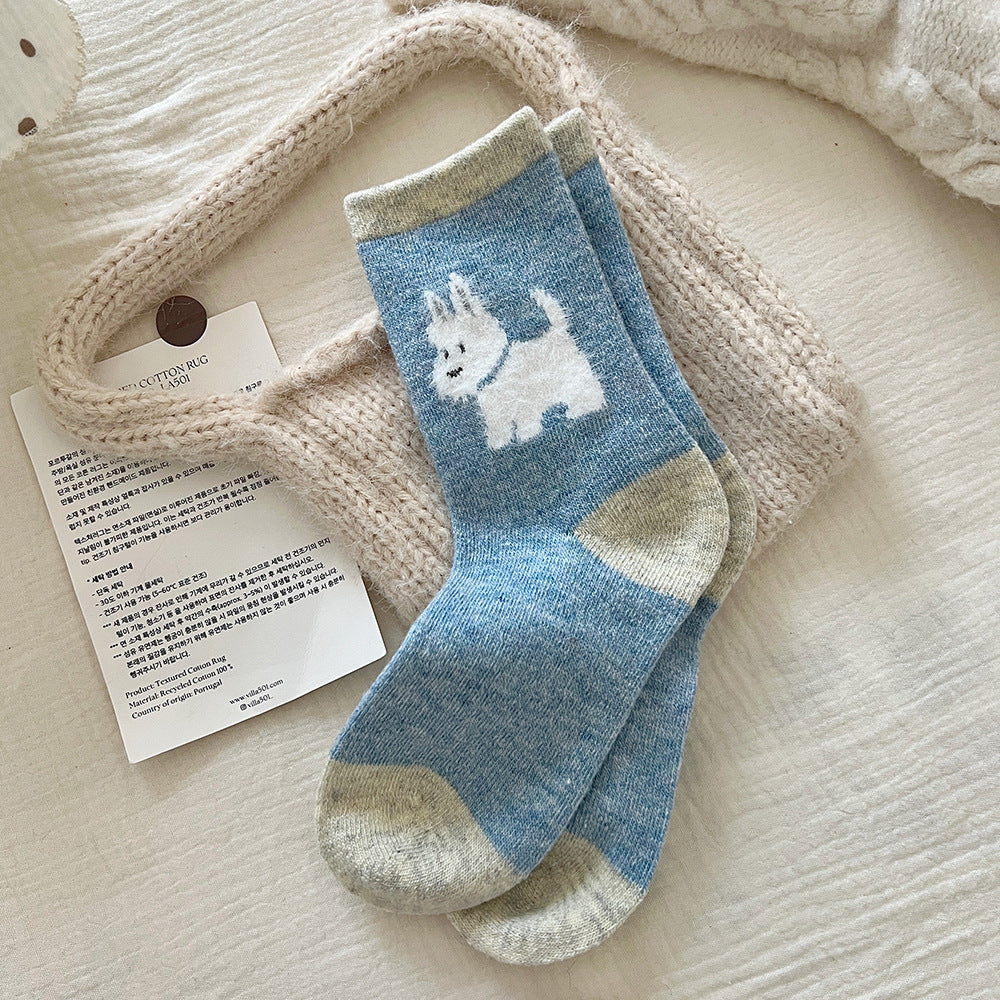 Thickened Contrast Color Mid-calf Puppy Flocking Boneless Wool Socks