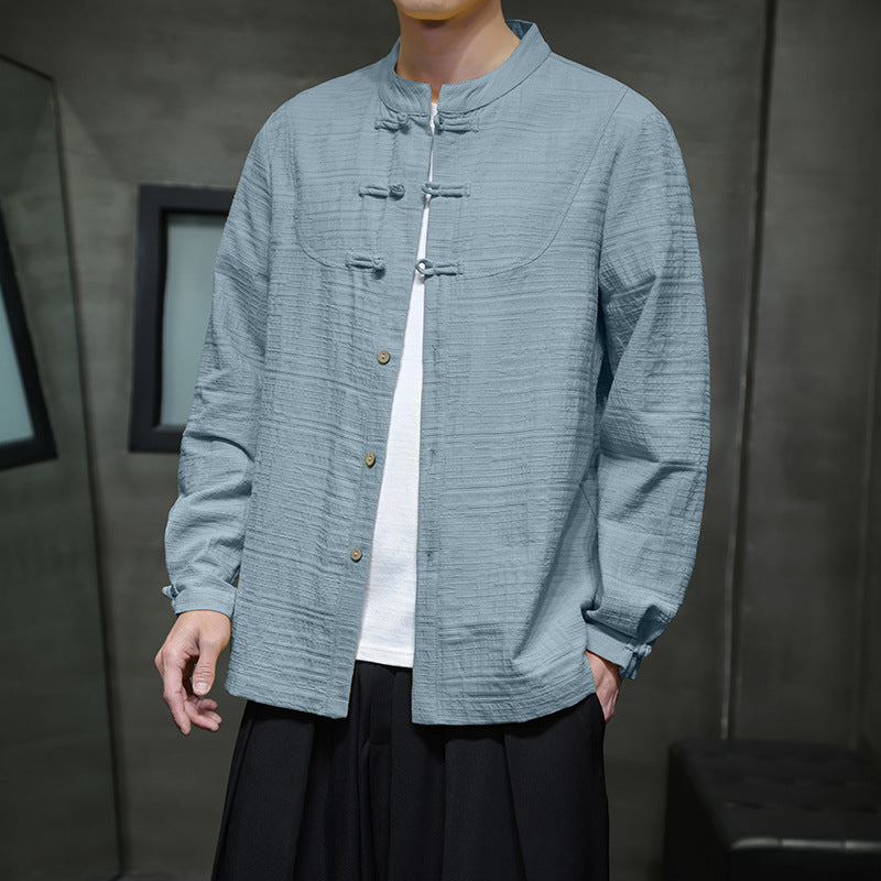 New Chinese Style Men's Cotton Linen Buckle Retro Chinese Tang Costume Shirt Men