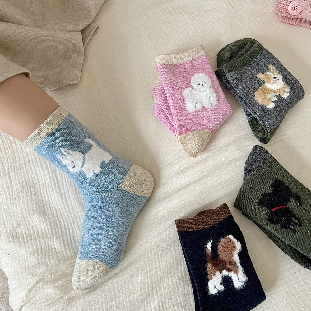 Thickened Contrast Color Mid-calf Puppy Flocking Boneless Wool Socks