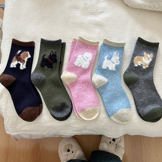 Thickened Contrast Color Mid-calf Puppy Flocking Boneless Wool Socks