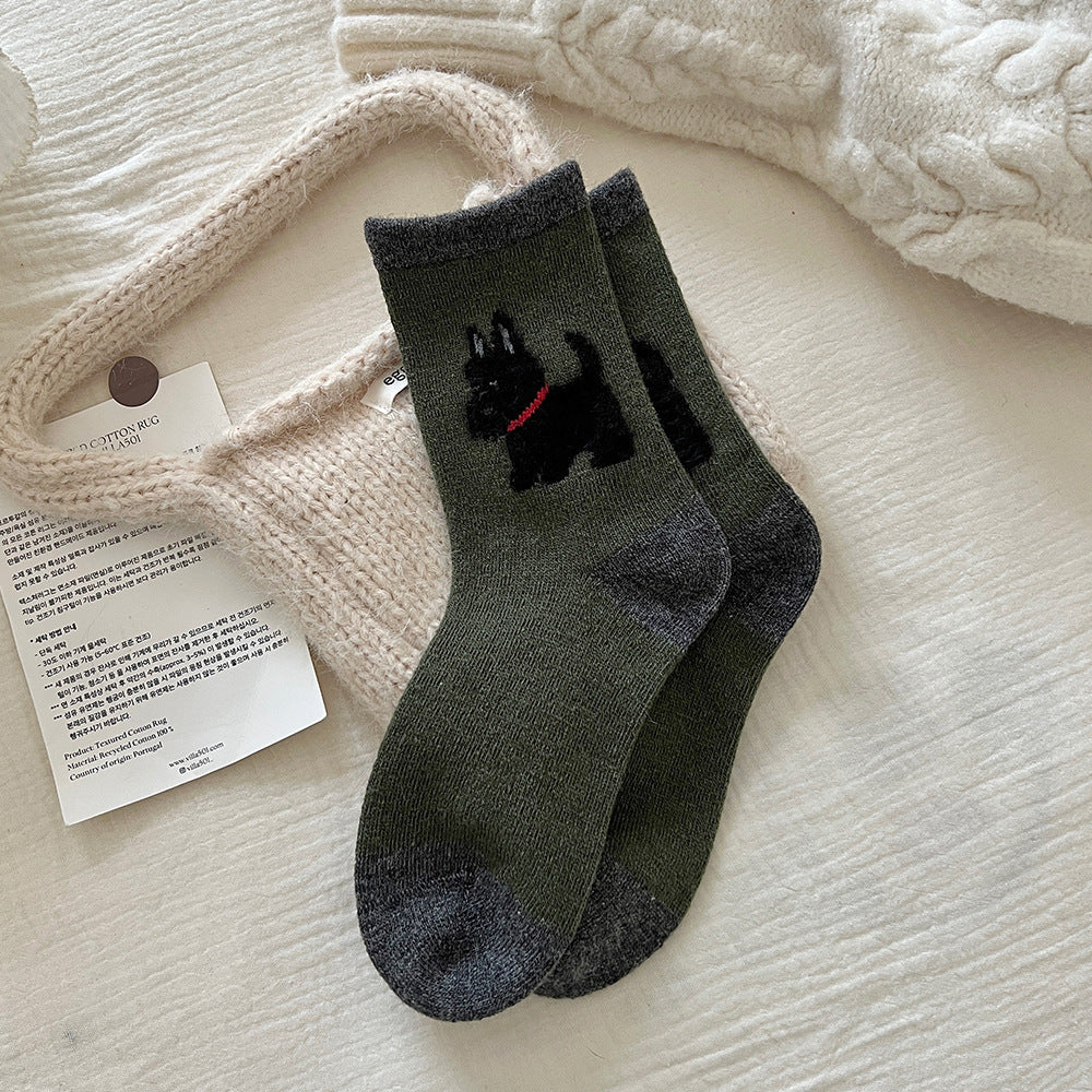 Thickened Contrast Color Mid-calf Puppy Flocking Boneless Wool Socks