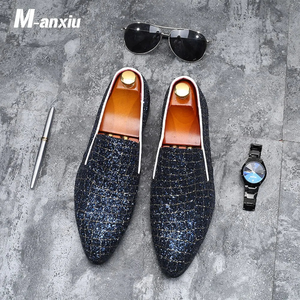 Fashion Grids Pattern Leather Loafers Shining Sequins