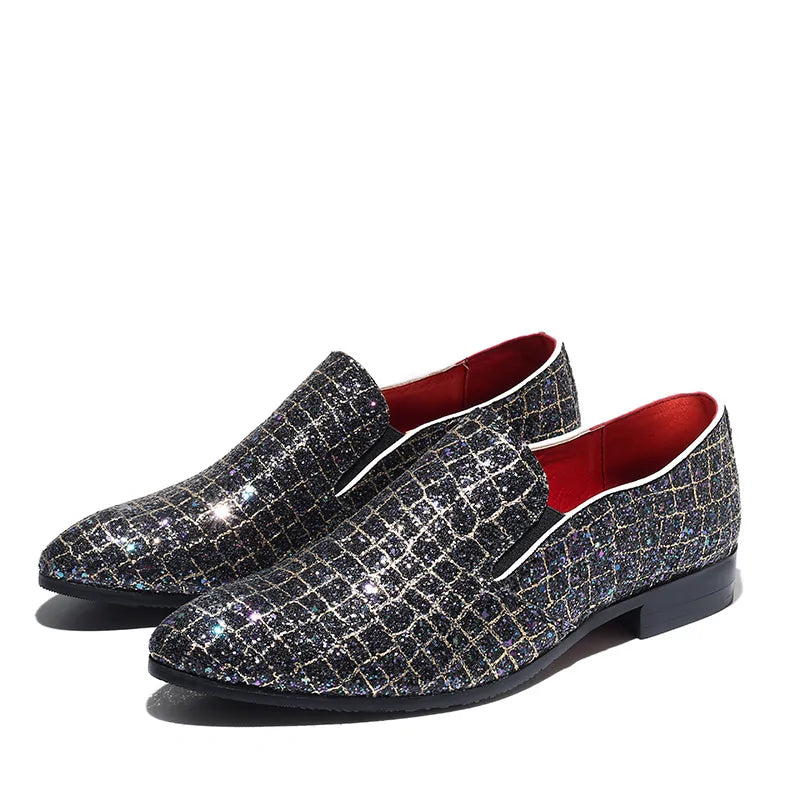 Fashion Grids Pattern Leather Loafers Shining Sequins